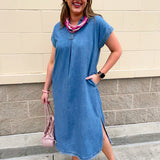 Chambray blue collared midi dress with short sleeves