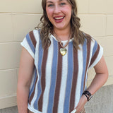 Blue Ridge white, blue, and brown striped knit top with white trim