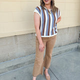 Blue Ridge white, blue, and brown striped knit top with white trim