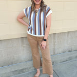 Blue Ridge white, blue, and brown striped knit top with white trim