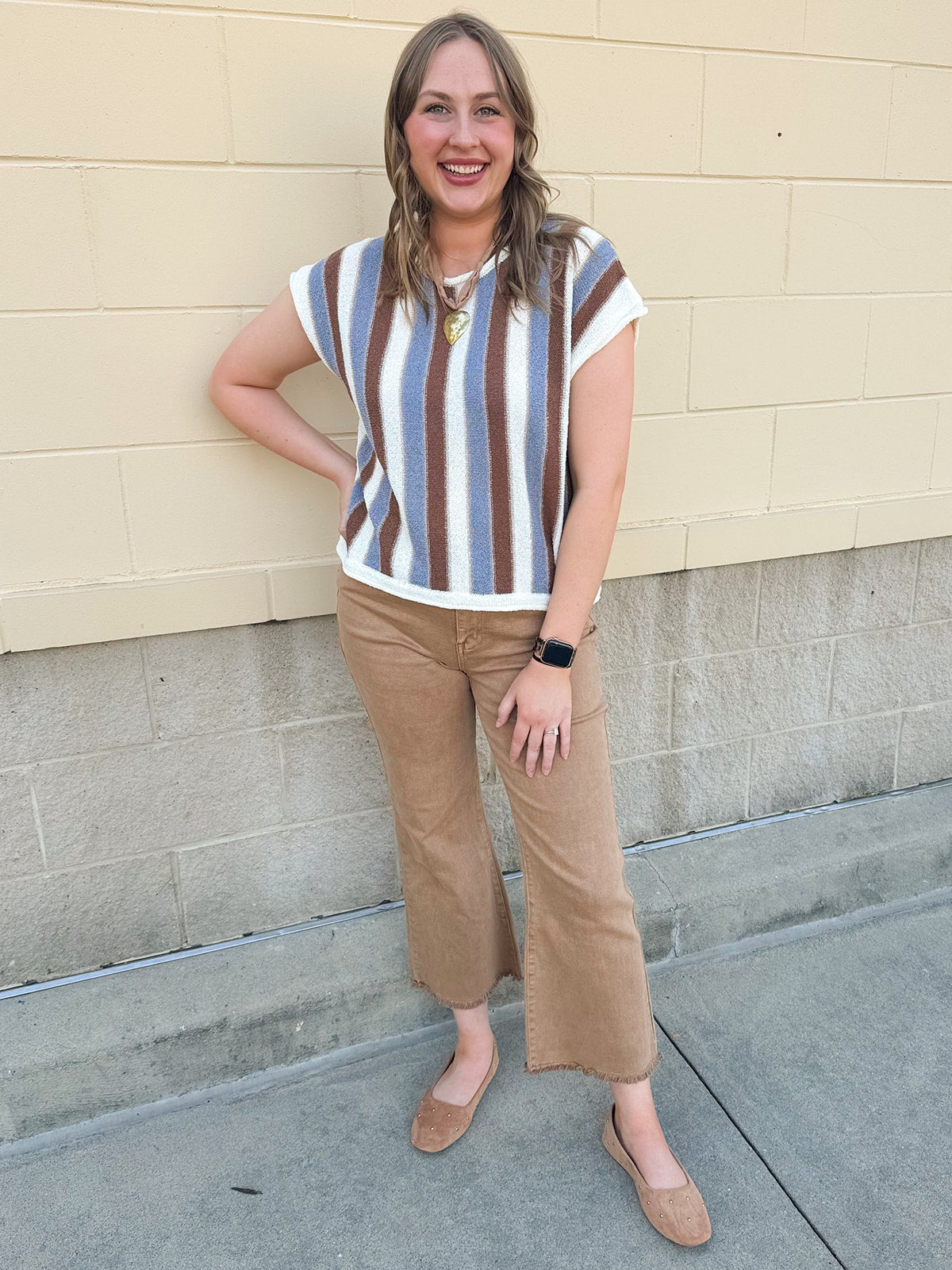 Blue Ridge white, blue, and brown striped knit top with white trim