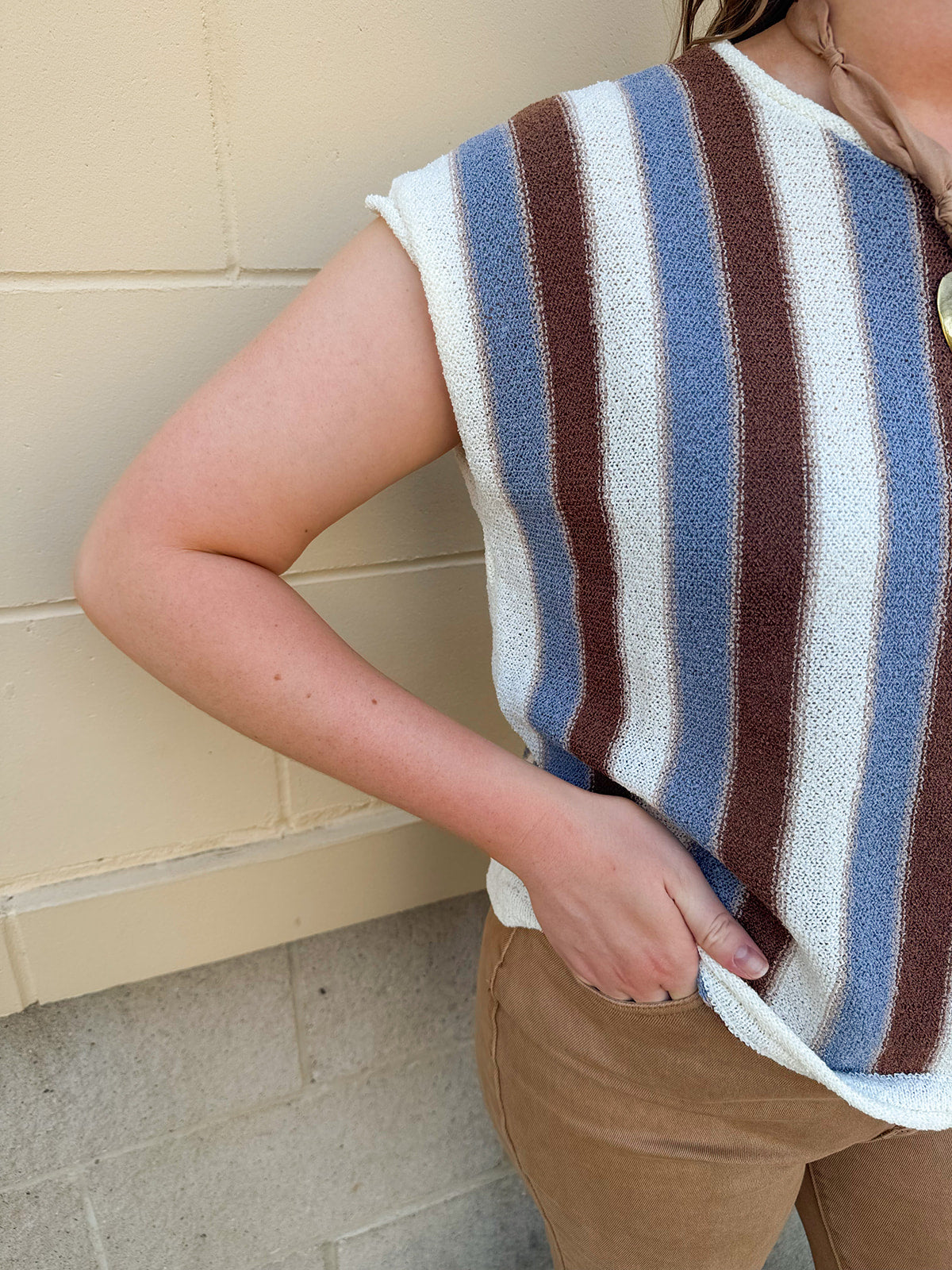 Blue Ridge white, blue, and brown striped knit top with white trim