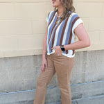 Blue Ridge white, blue, and brown striped knit top with white trim