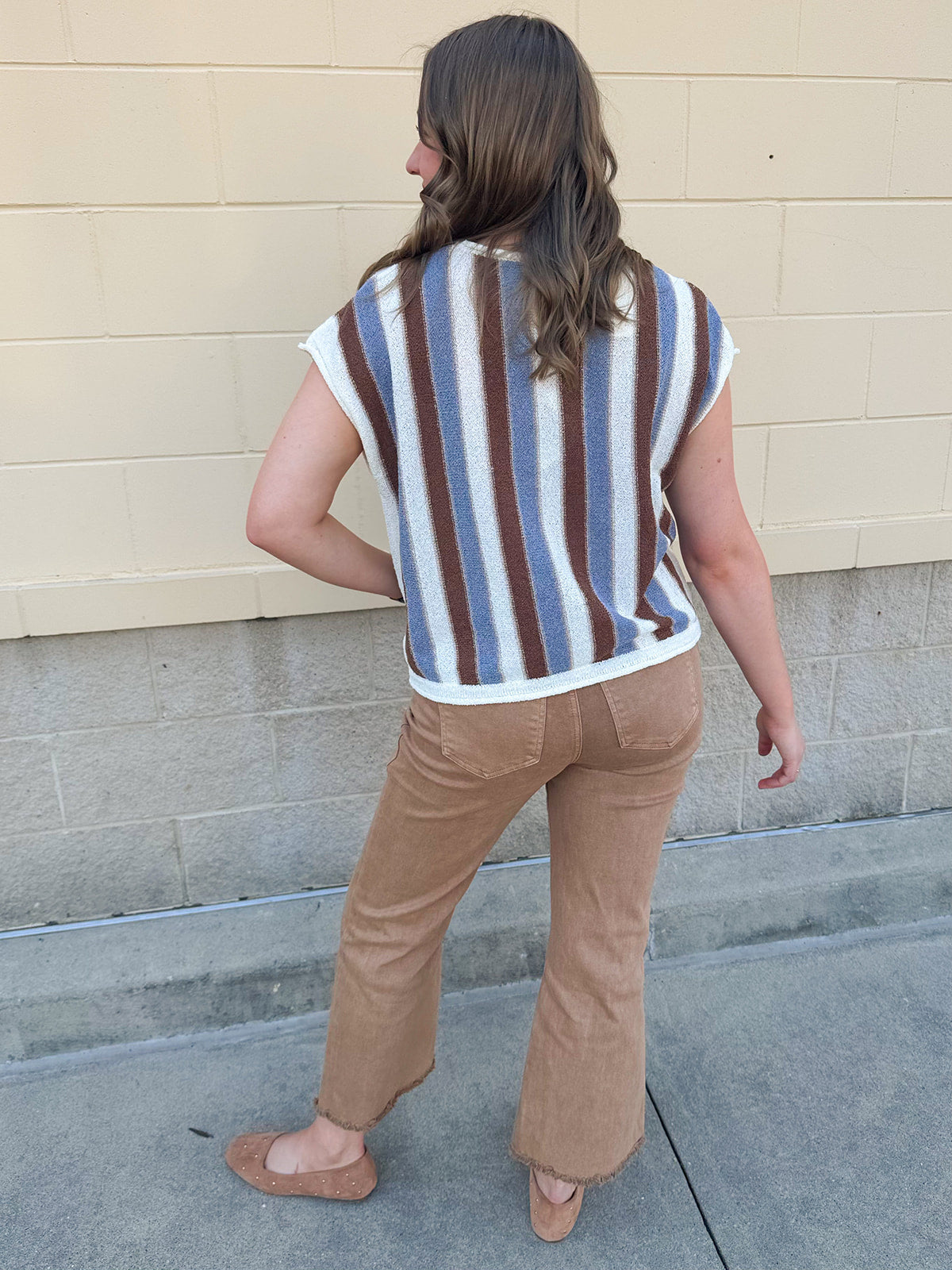 Blue Ridge white, blue, and brown striped knit top with white trim