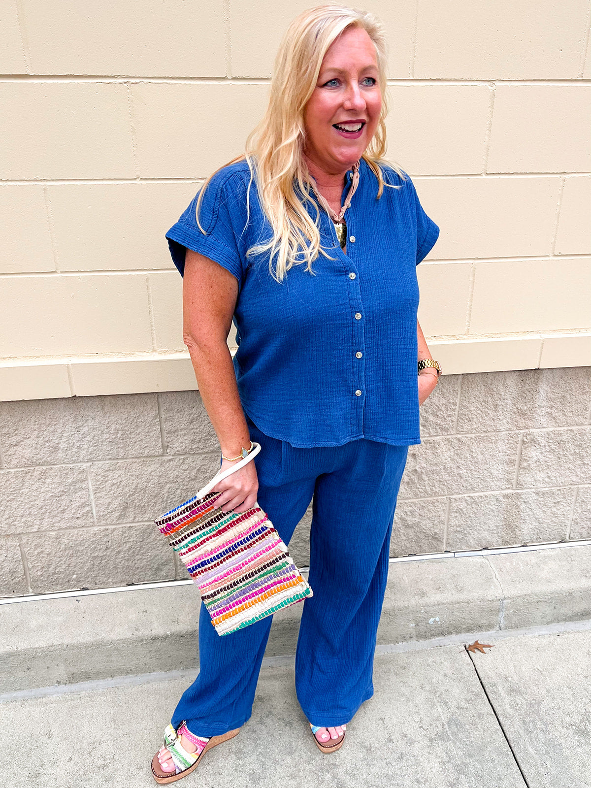 Blue textured matching top and wide-leg pants set.