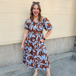 Bluebell Grove brown dress with light blue leaf pattern and short sleeves