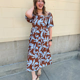 Bluebell Grove brown dress with light blue leaf pattern and short sleeves