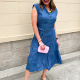 Chambray sleeveless button front midi dress with belt