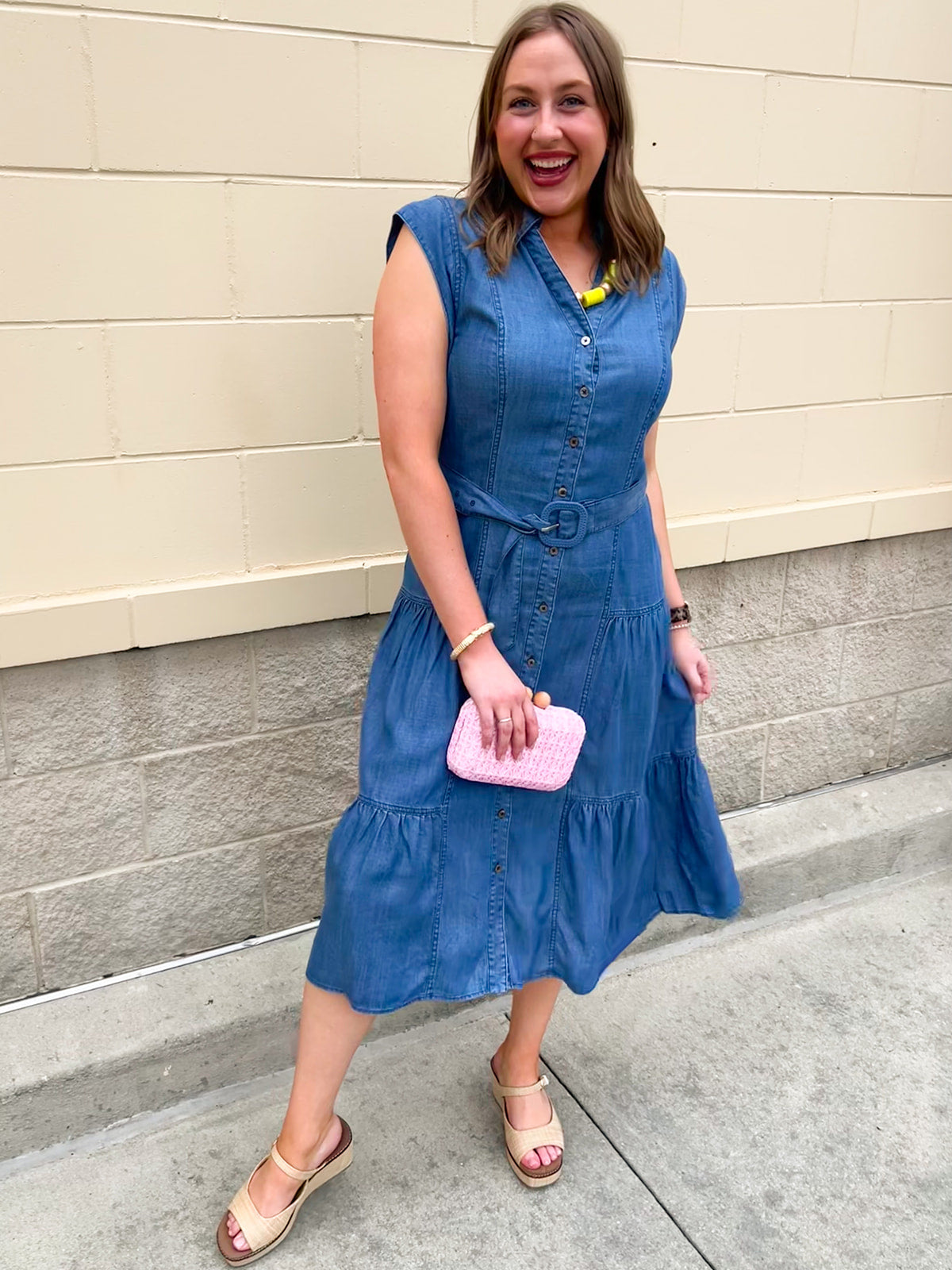 Chambray sleeveless button front midi dress with belt
