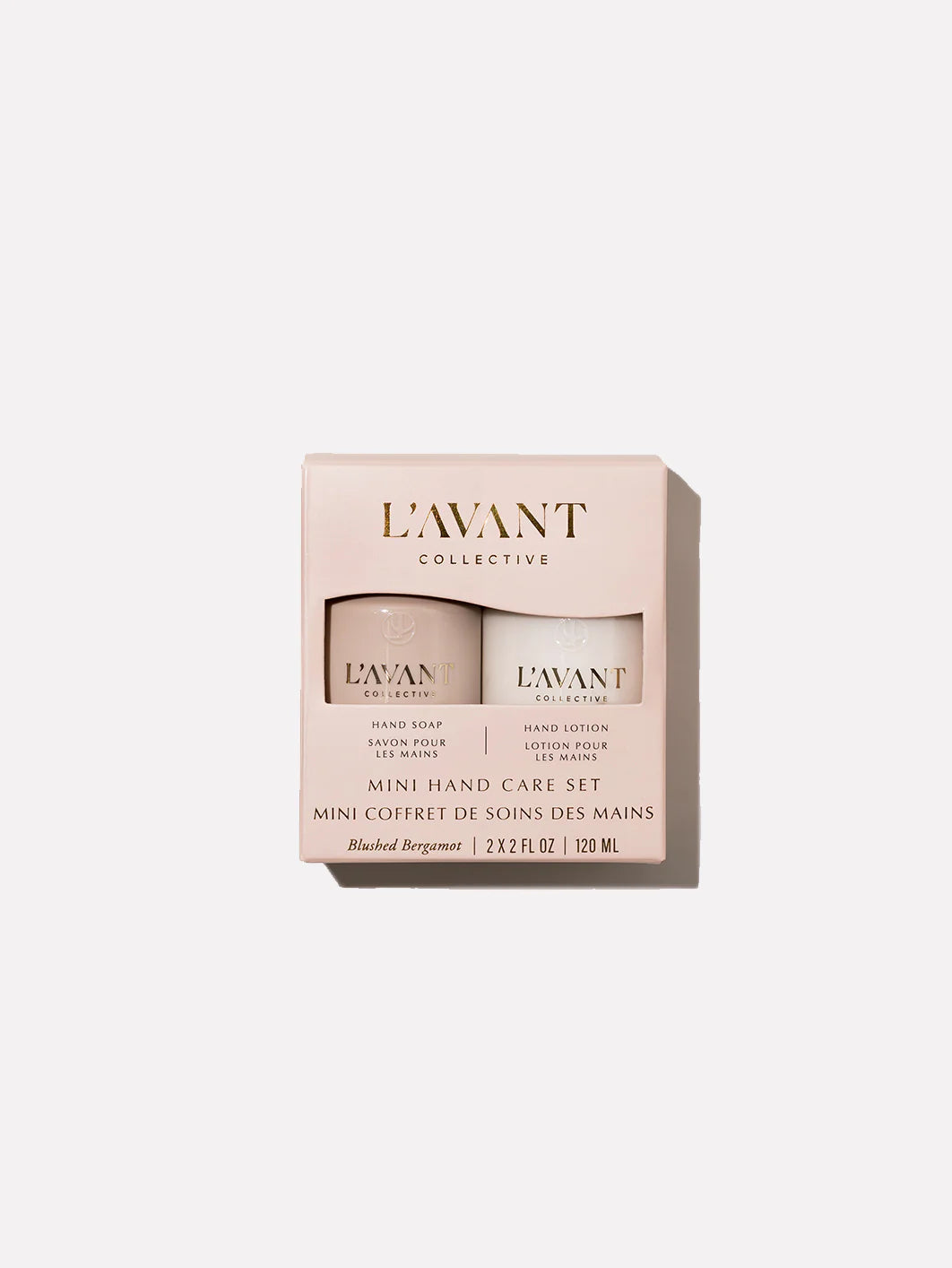 L'AVANT Blushed Bergamot Mini Hand Care Set featuring travel-size hand soap and hand lotion with plant-based ingredients.