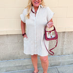 Neutral striped collared dress with button-front detail