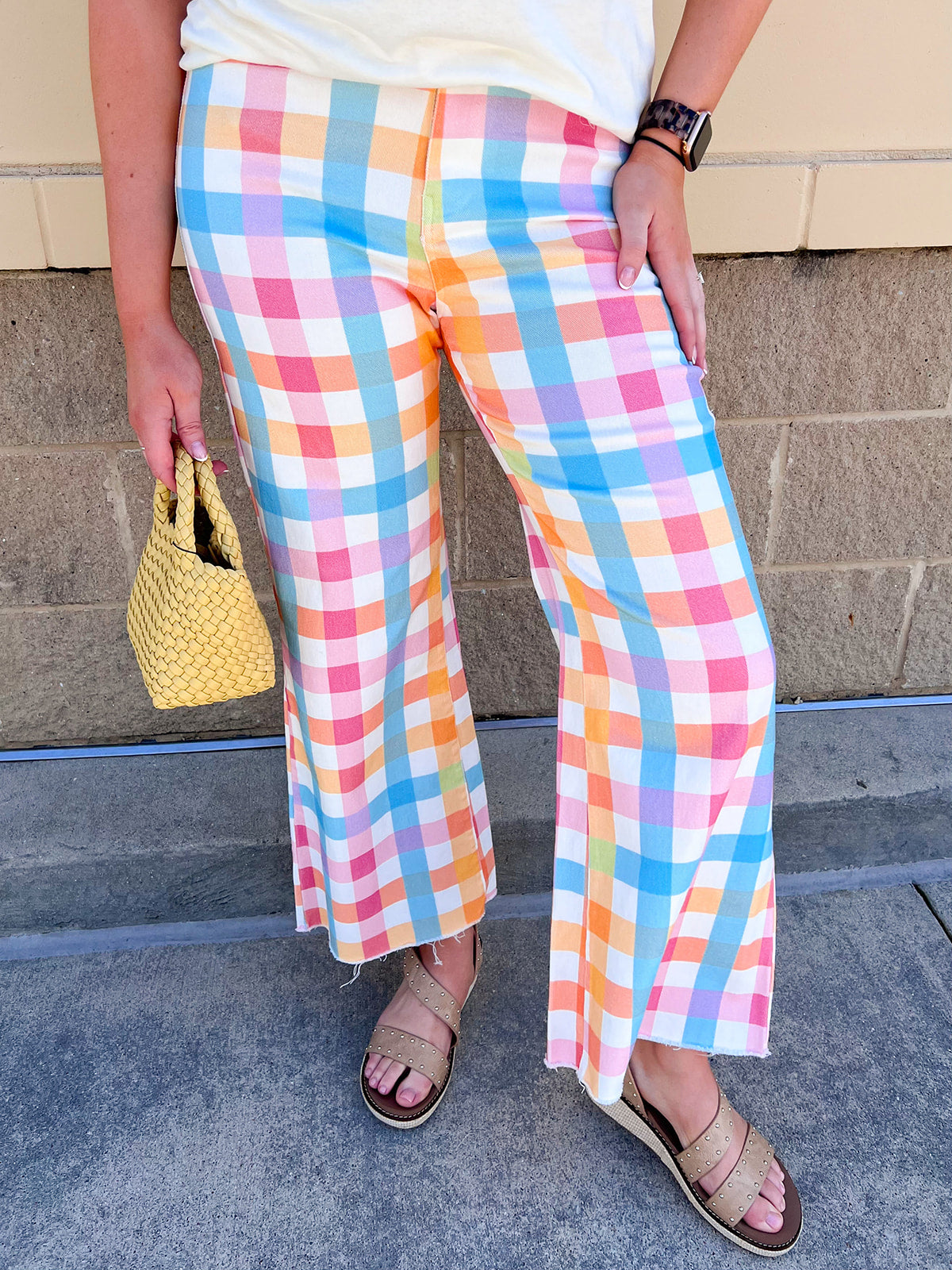 Pastel plaid wide leg cropped jeans