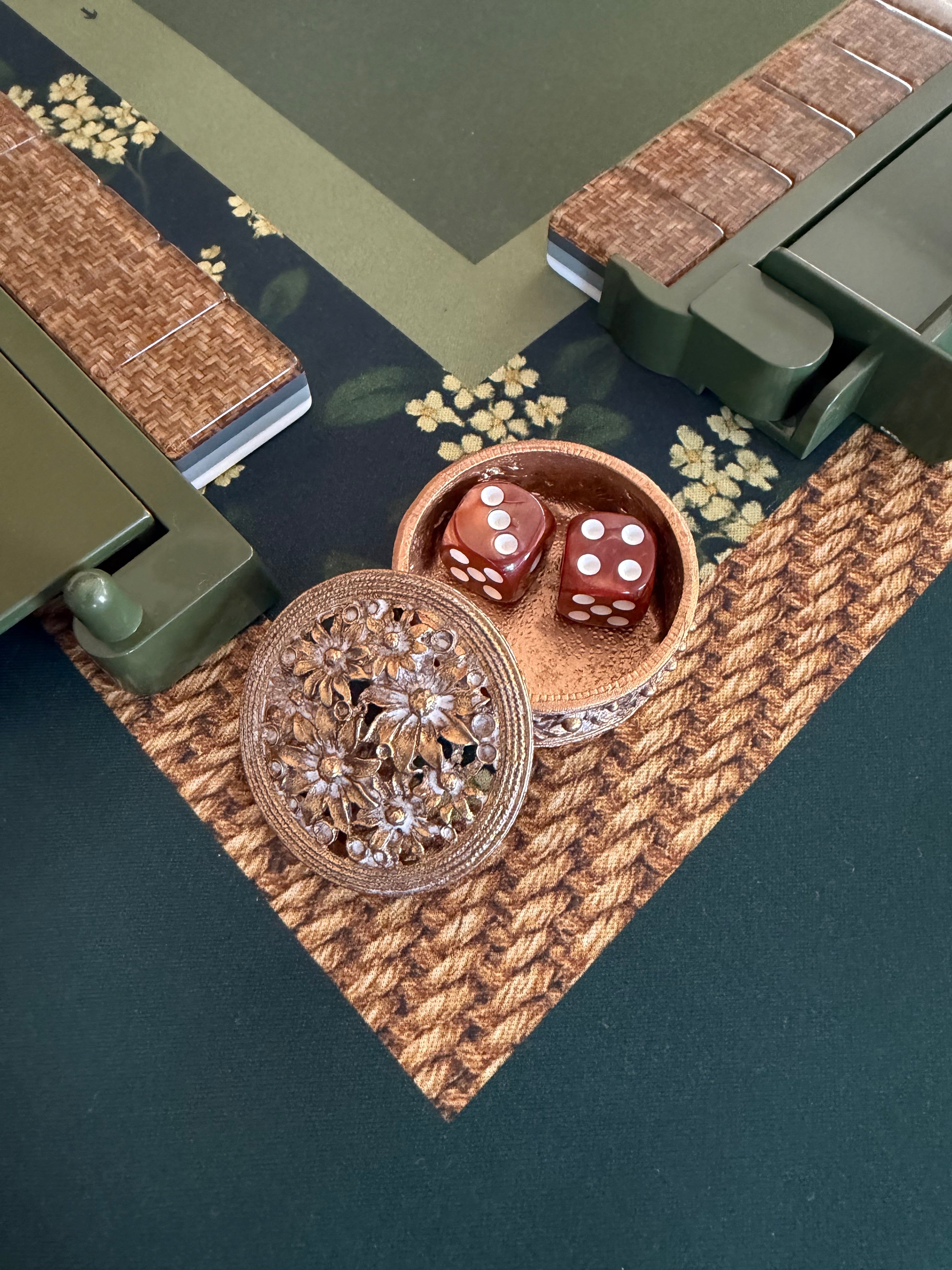 Brass Bloom Mahjong Dice Catchall with gold and white floral lidded design for storing Mahjong dice
