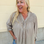 Café Season light brown long sleeve button-down blouse with ruffle collar and cuffs