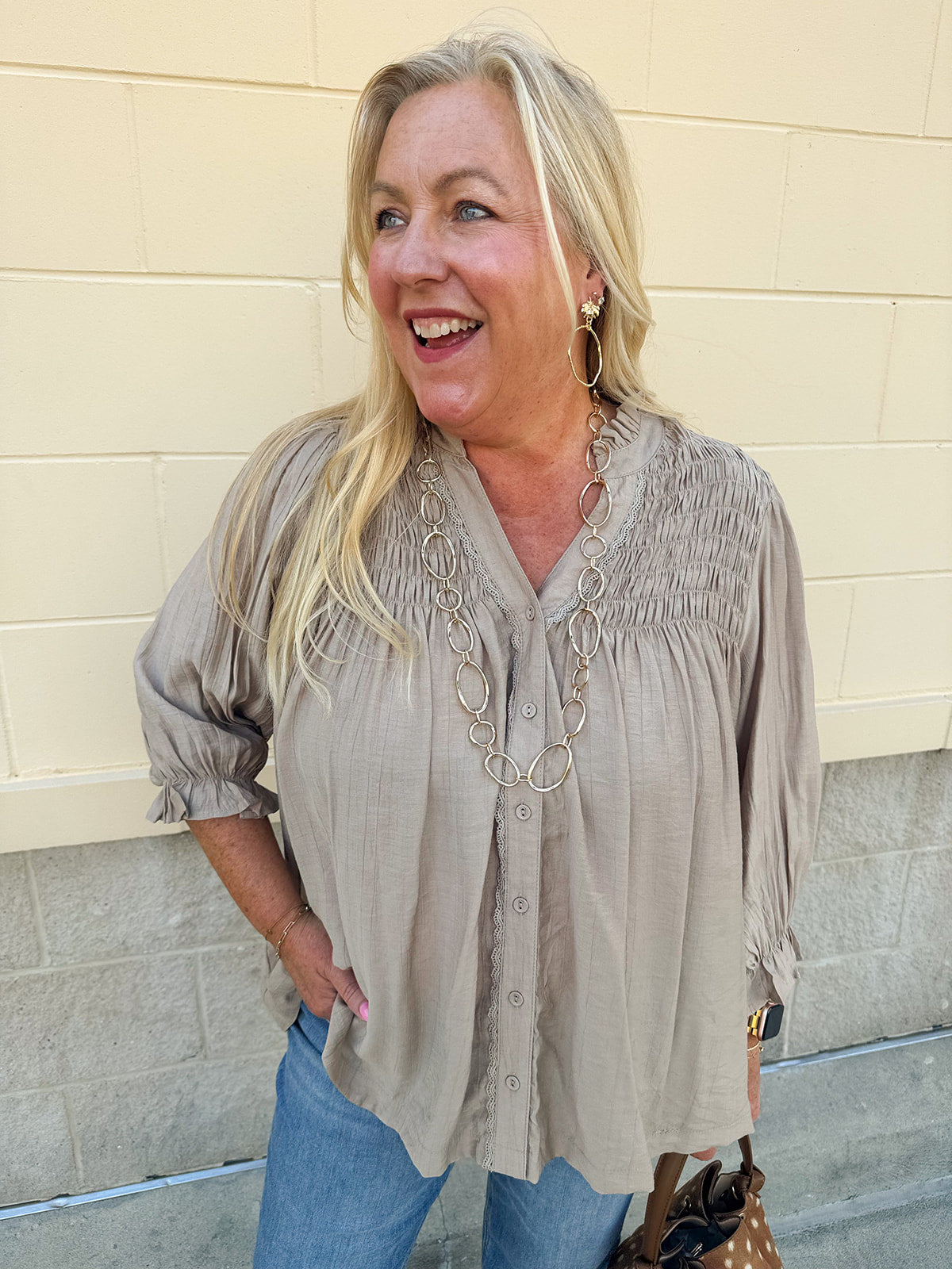 Café Season light brown long sleeve button-down blouse with ruffle collar and cuffs