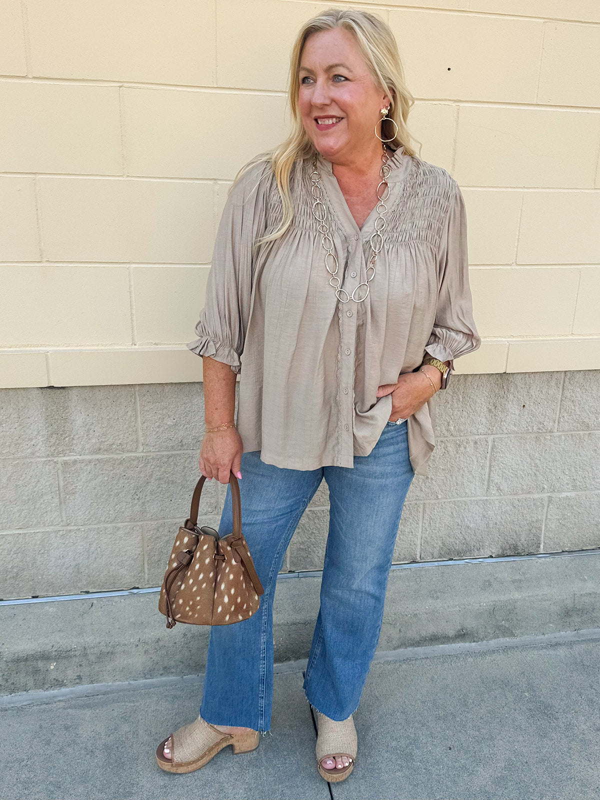 Café Season light brown long sleeve button-down blouse with ruffle collar and cuffs