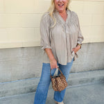 Café Season light brown long sleeve button-down blouse with ruffle collar and cuffs