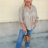 Café Season light brown long sleeve button-down blouse with ruffle collar and cuffs