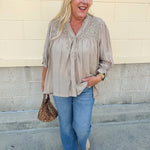 Café Season light brown long sleeve button-down blouse with ruffle collar and cuffs