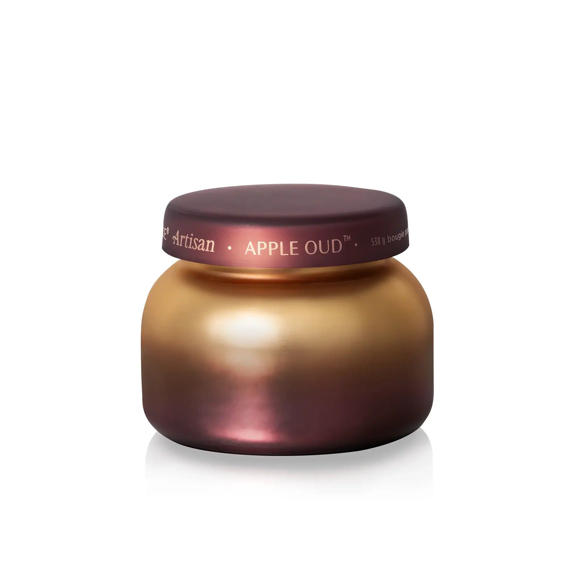 Burgundy gild Apple Oud Tuscan Radiance candle with golden gradient