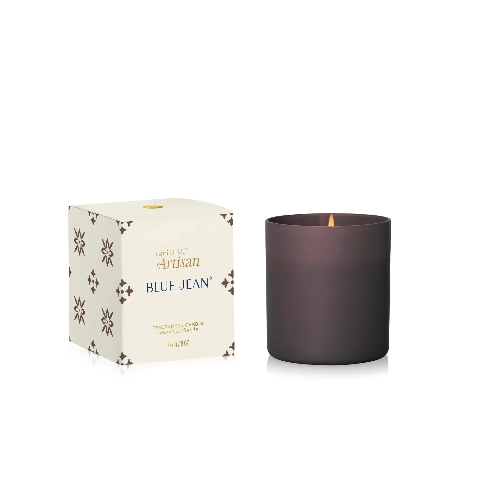 Matte mocha glass tumbler candle with tile-inspired coordinating carton
