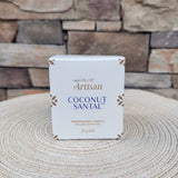 Coconut Santal Terrazza Velluto tumbler candle with gold lid in a gift box.