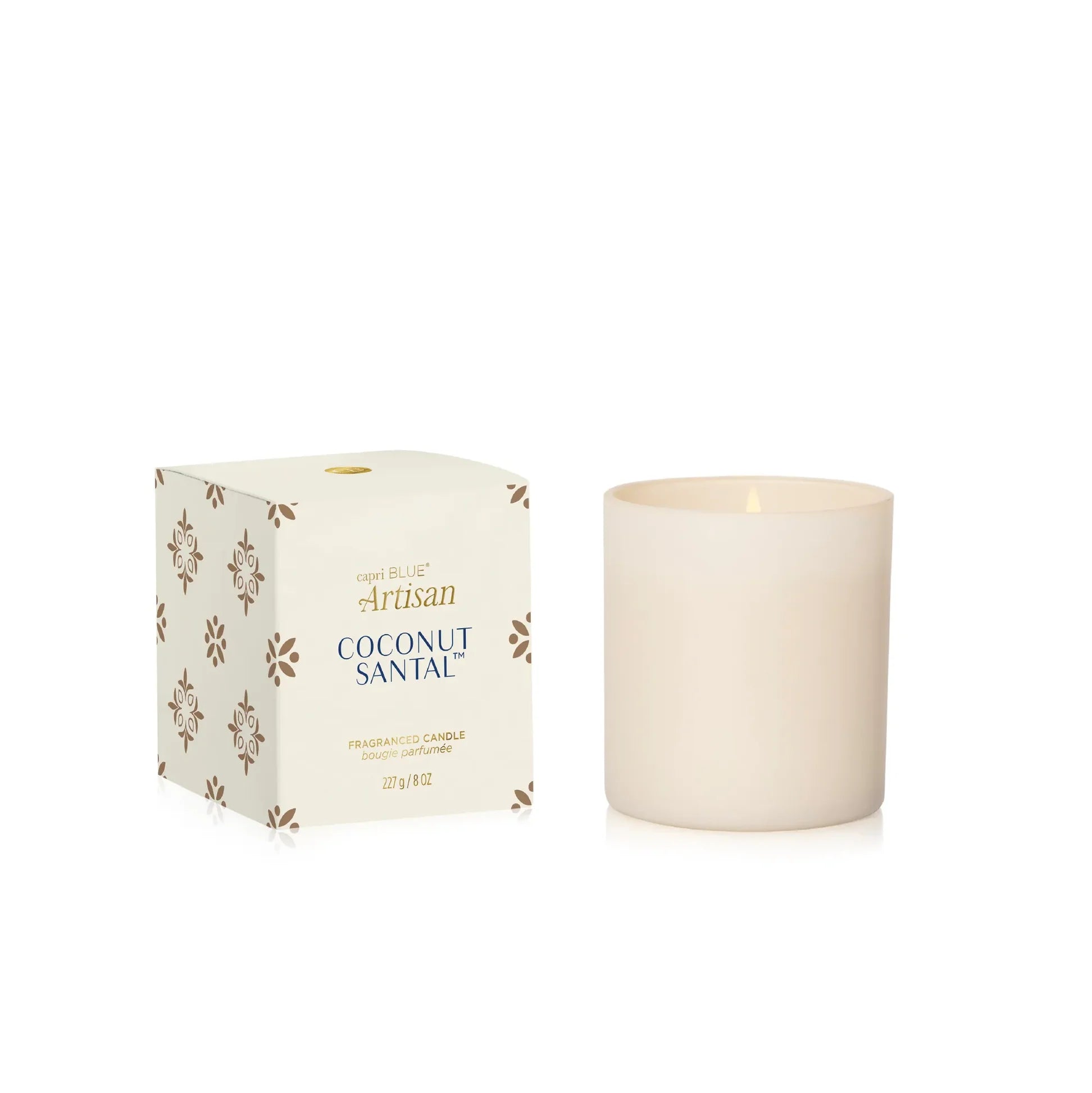 Matte porcelain tumbler candle with neutral tile-inspired carton
