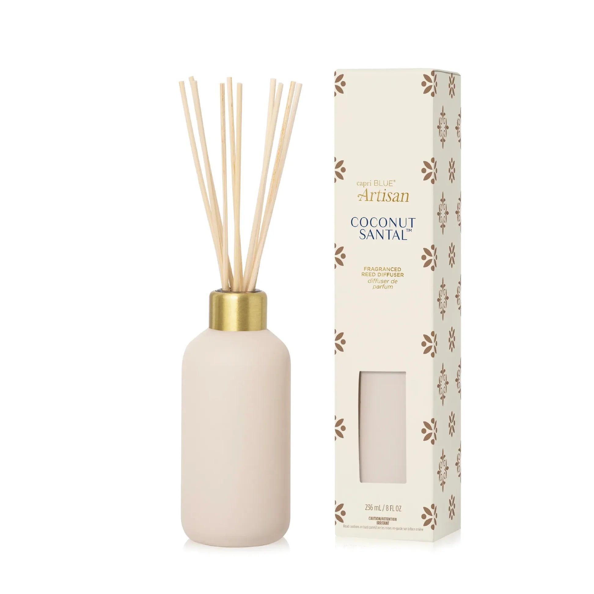 Elegant reed diffuser with luminous vessel and neutral tile-inspired design