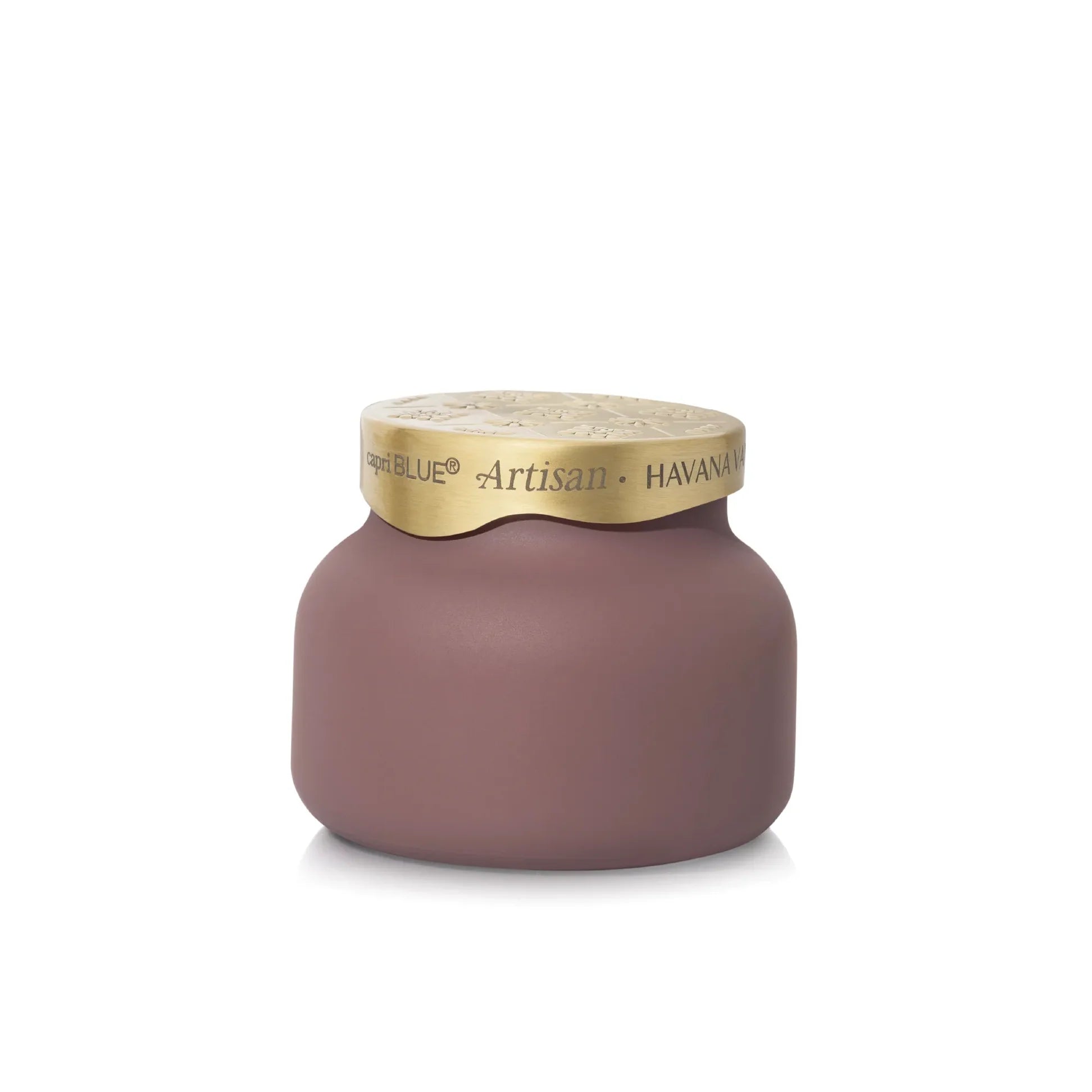 Matte mauve petite candle with sculpted brushed-gold tile-inspired lid