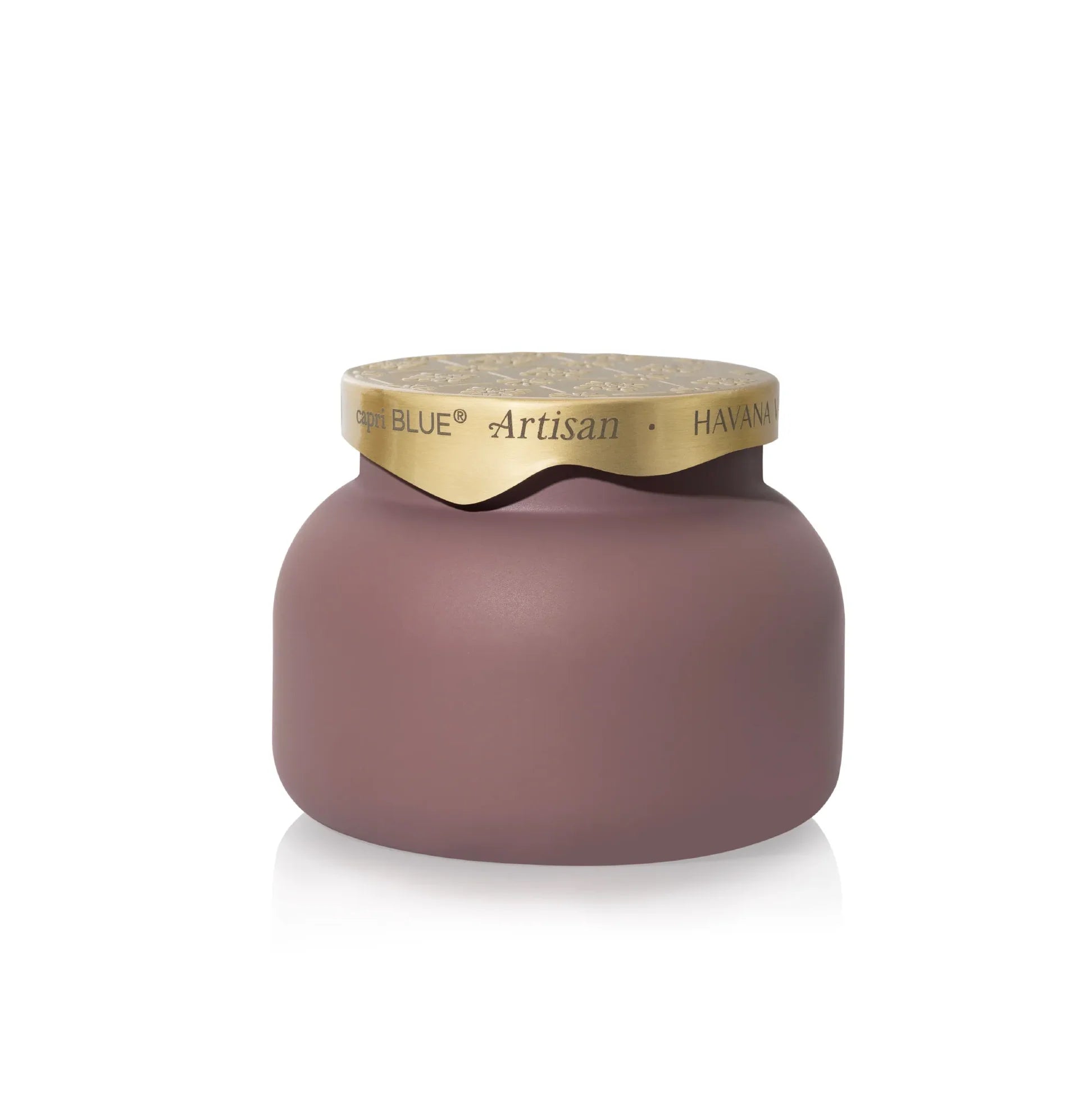 Matte mauve glass candle with sculpted brushed-gold tile-inspired lid