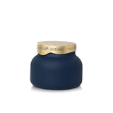 Matte midnight glass petite candle with sculpted brushed-gold tile-inspired lid