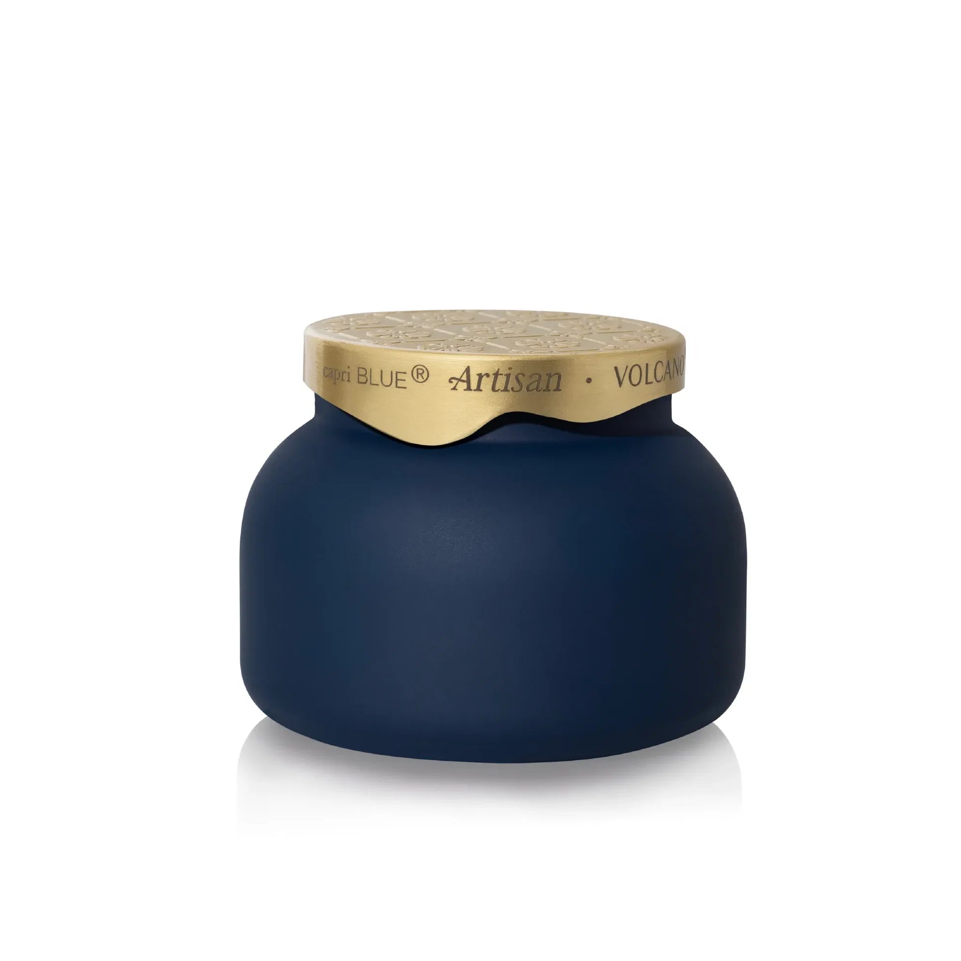 Matte midnight glass candle with sculpted brushed-gold architectural lid