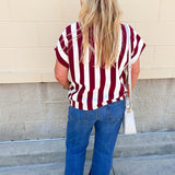 Classic Prep Striped Collared Top in Garnet