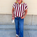 Classic Prep Striped Collared Top in Garnet