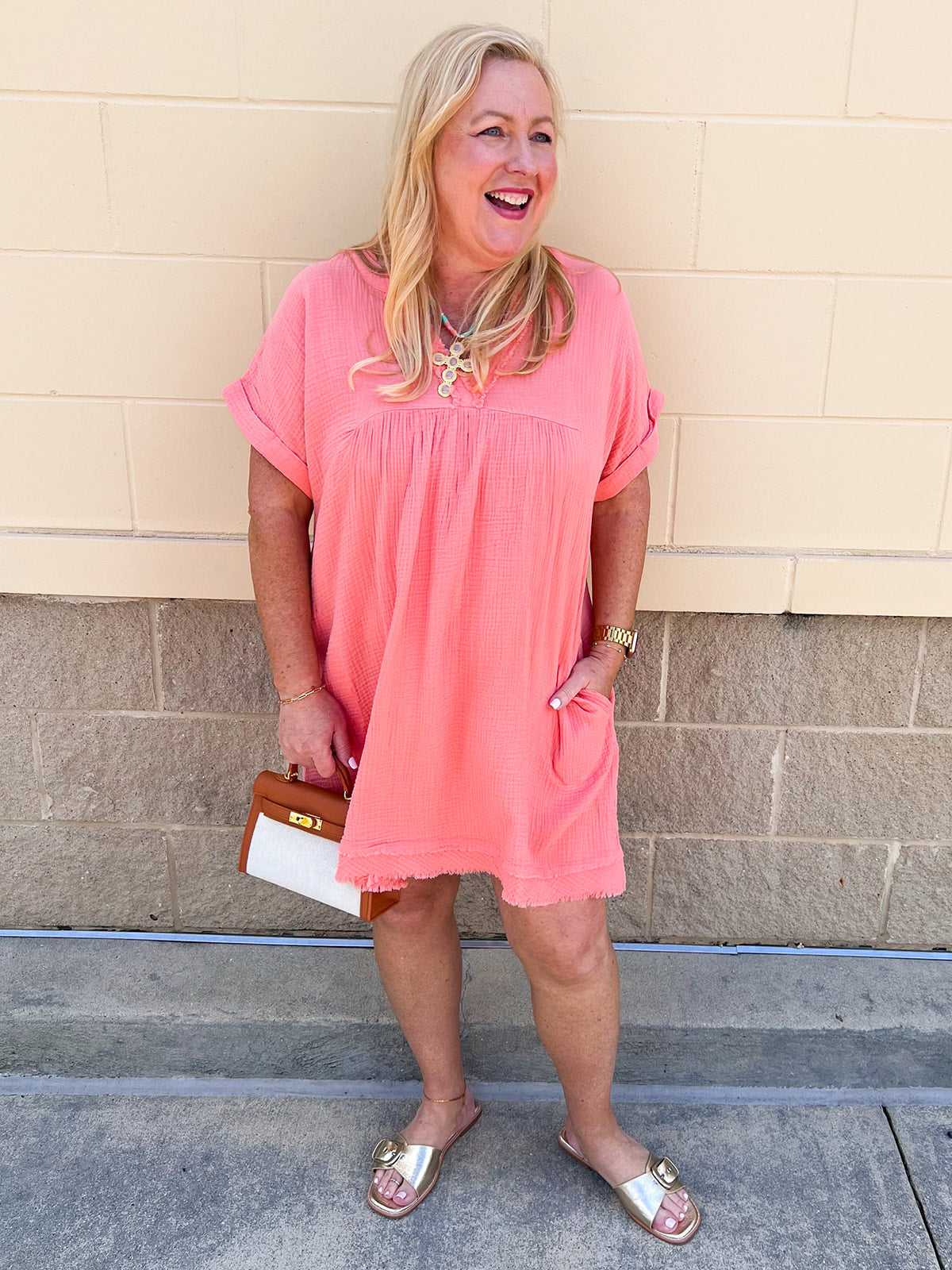 Coral linen mini dress