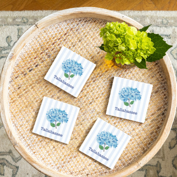 Tallahassee Endless Summer Stripe Blue Hydrangea Coaster Set
