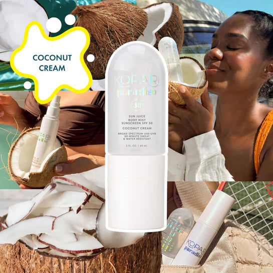 A clear SPF 30 body mist sunscreen in the Coconut Cream scent.