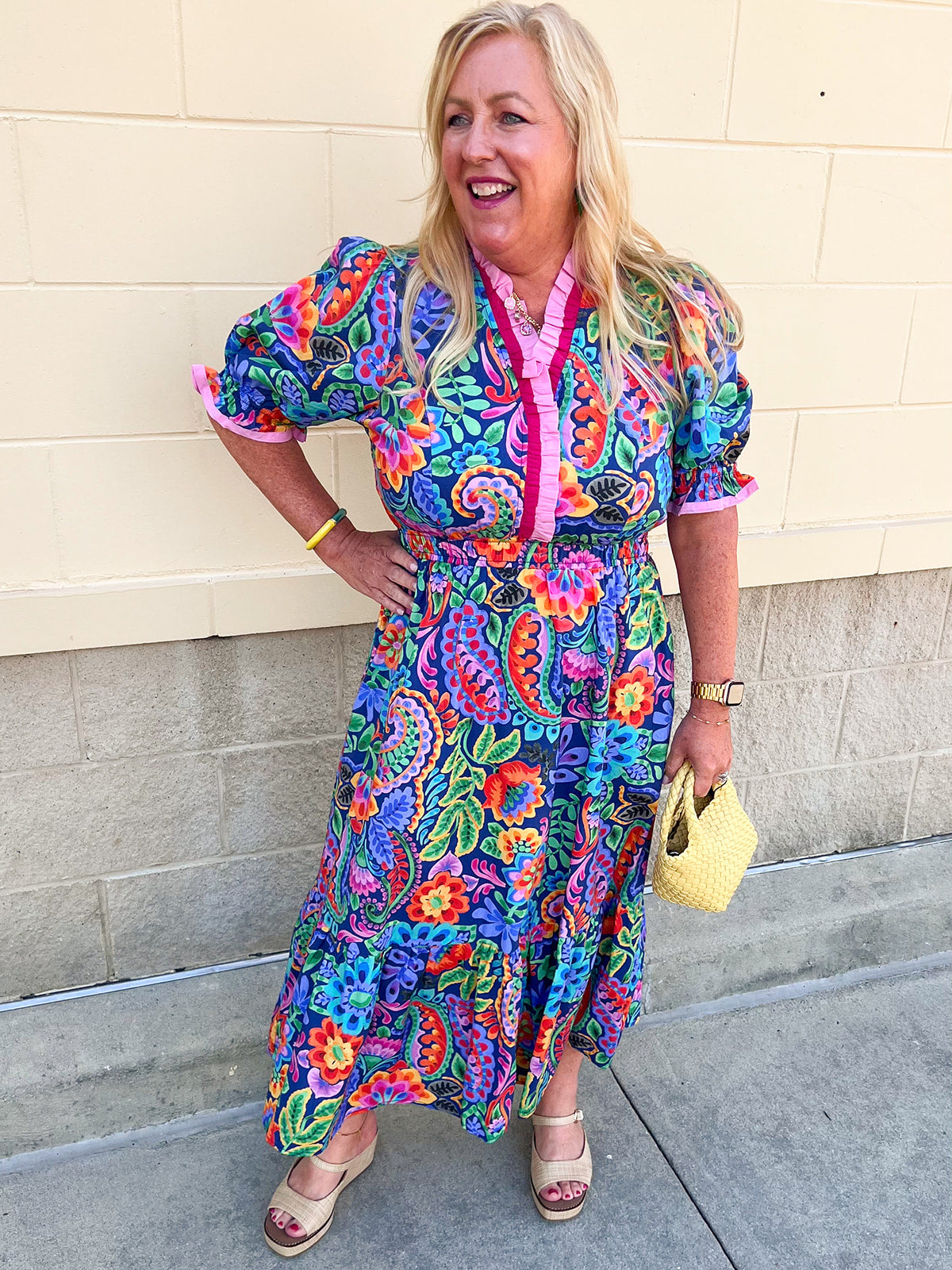 Colorful floral midi dress with ruffle neckline