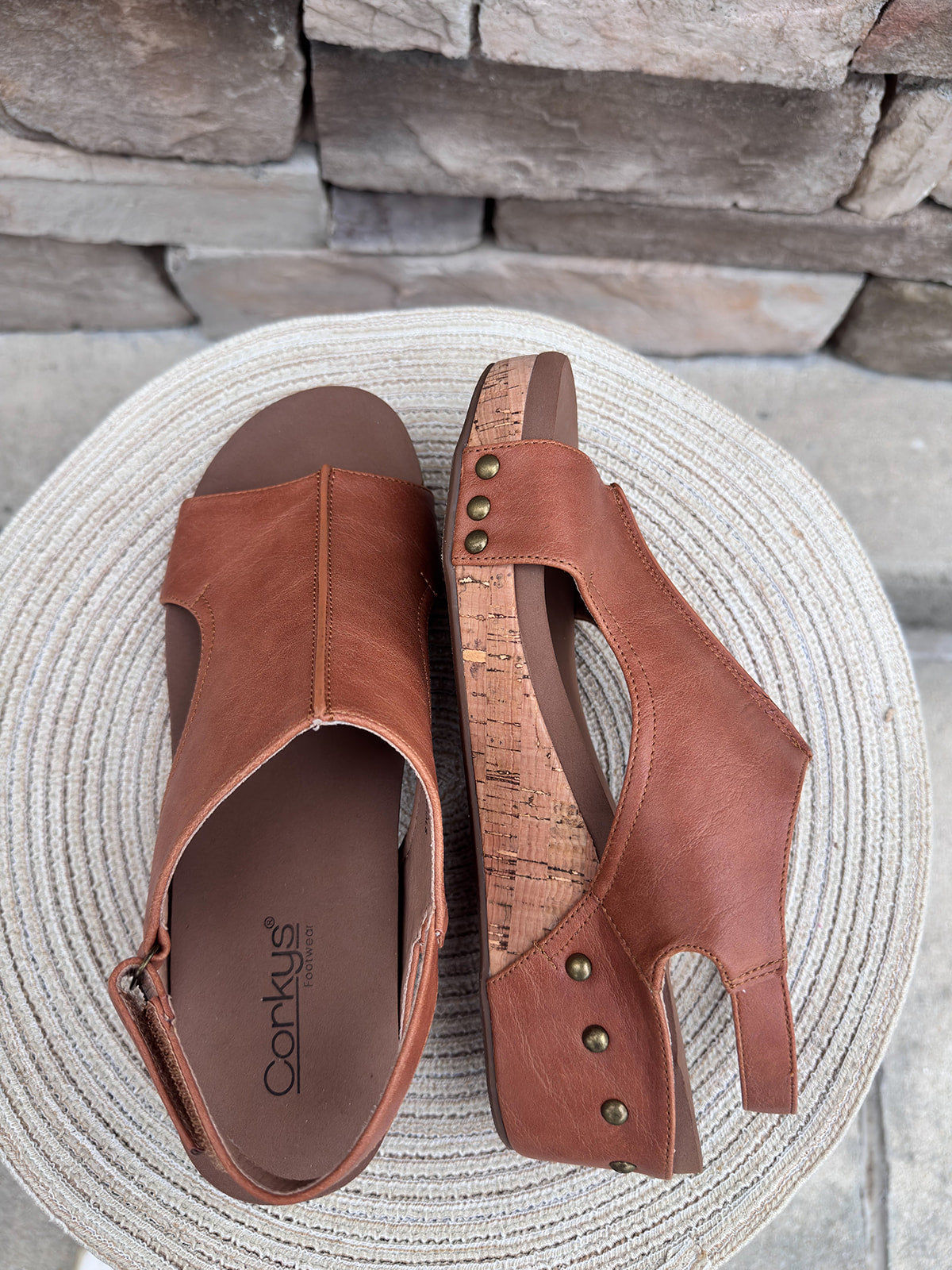 Corky’s Volta II cognac leather open-toe cork wedge sandal