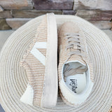 Neutral woven Corkys lace-up sneakers with side stripe detail, cushioned sole, and low-top silhouette in a versatile white combo colorway.