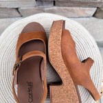 Corky’s Miss Behavin cognac faux suede open-toe sandals with buckle detail