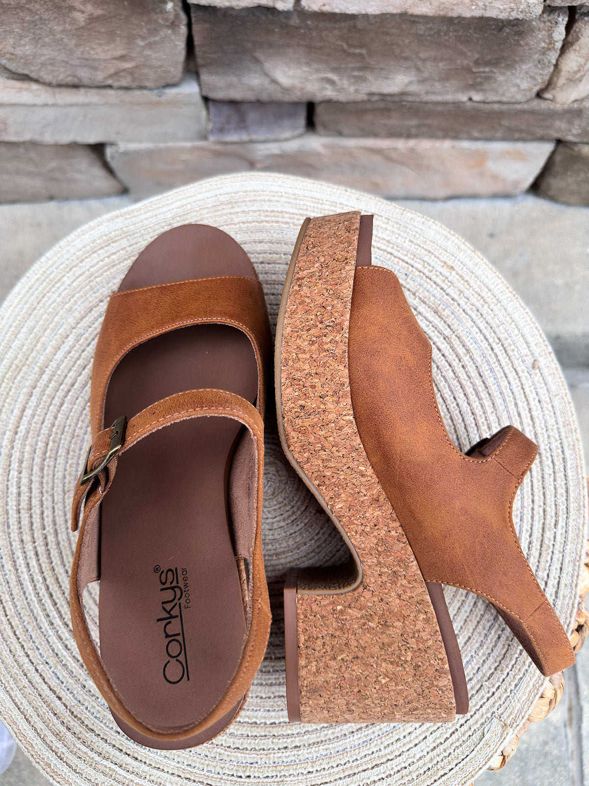 Corky’s Miss Behavin cognac faux suede open-toe sandals with buckle detail