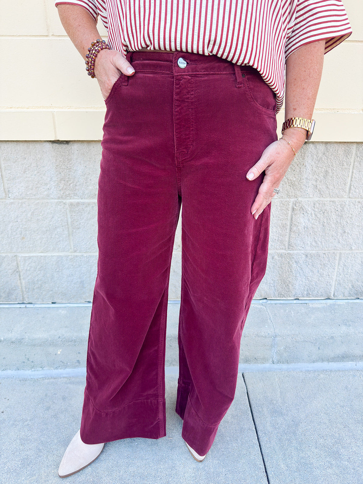 Crimson Corduroy Jeans wide leg and high waisted. 