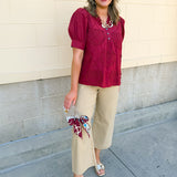 Crimson Whisper Embroidered Top