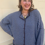 Crisp Morning light blue and brown striped button-front sweater