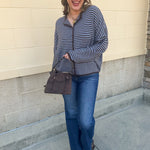Crisp Morning light blue and brown striped button-front sweater