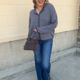 Crisp Morning light blue and brown striped button-front sweater