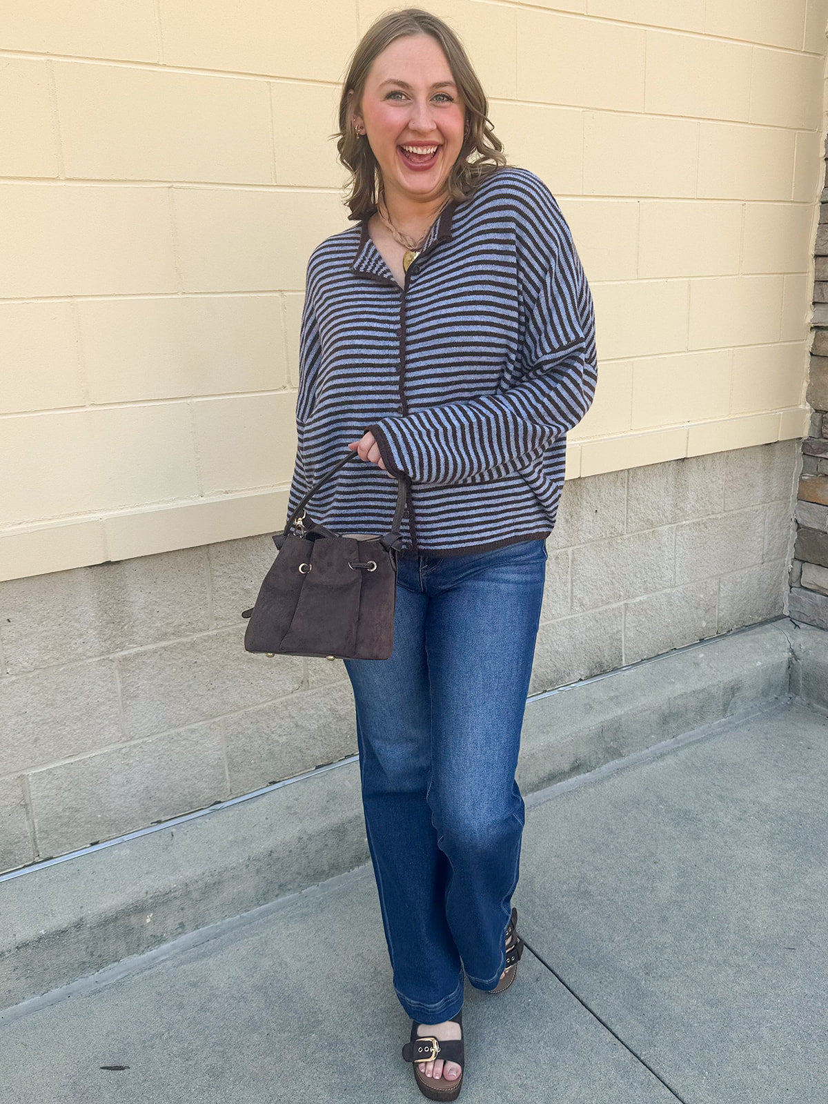 Crisp Morning light blue and brown striped button-front sweater
