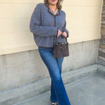 Crisp Morning light blue and brown striped button-front sweater