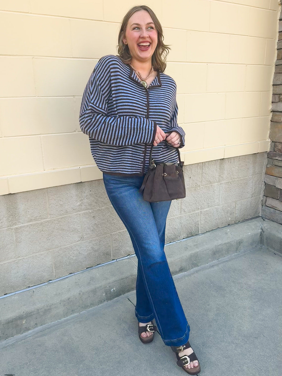 Crisp Morning light blue and brown striped button-front sweater